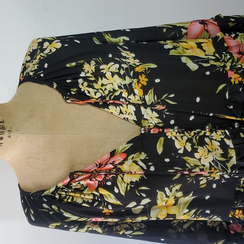 Rachel Zoe Size L Tunic Black Chiffon Floral Swing Cover-up Long Sleeve Spring - Picture 8 of 16